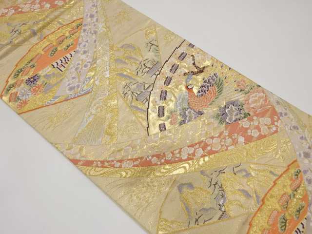 山水花鳥扇文織り出し　袋帯